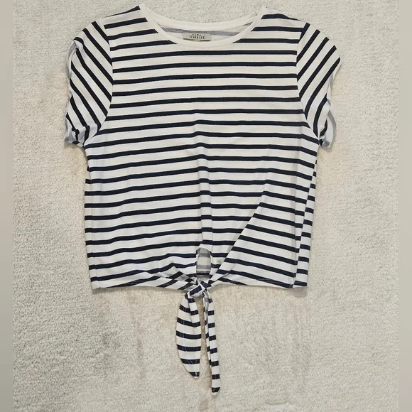 Zara Stripe Knot Front Tee Navy Blue White Size M Summer Vacation Cropped Preppy - Picture 2 of 6